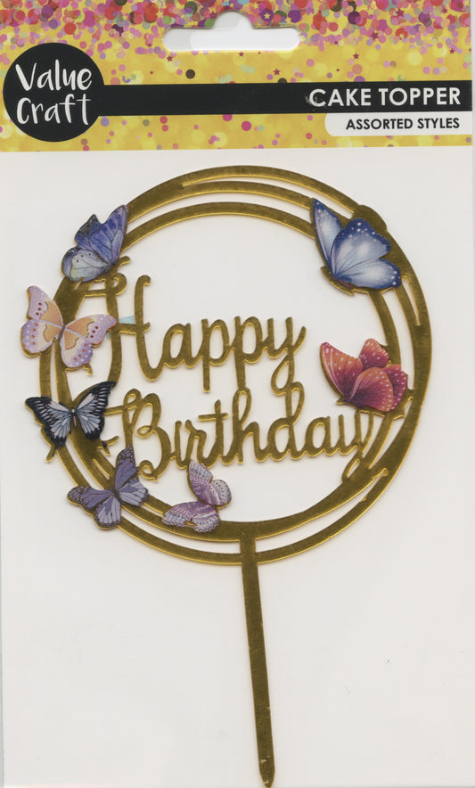 Cake Topper - Happy Birthday - Gold with Butterflies - 1 pc