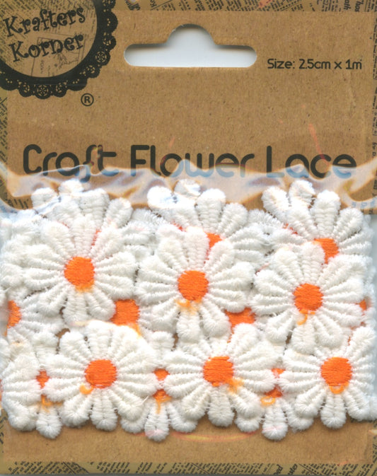 Flower Lace White with Orange Centre - 25cm x 1m