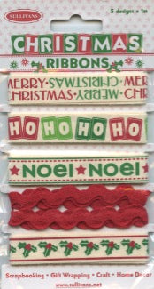 Christmas Ribbons - 5 Designs - 1m each - Red/Green/Ivory