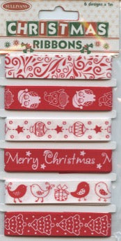 Christmas Ribbons - 6 Designs - 1m each - Red/White