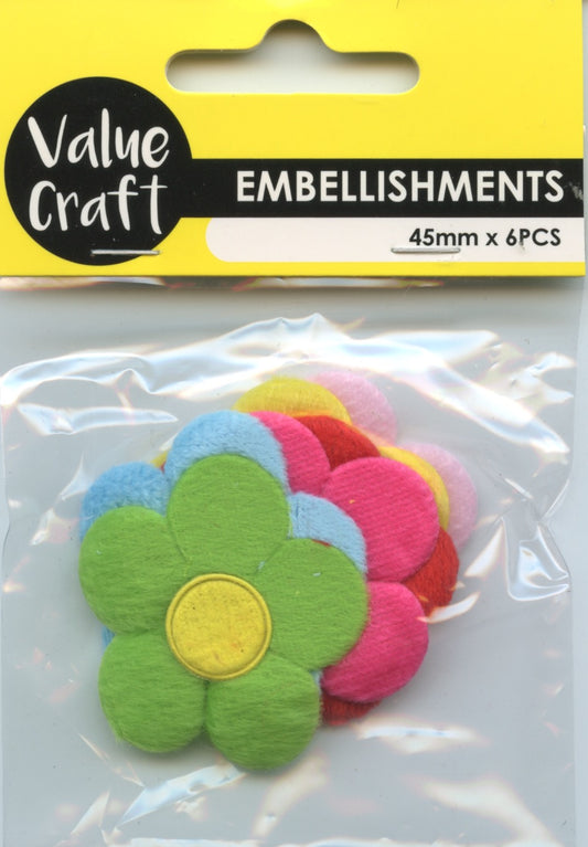 Fabric (Felt) Flower Embellishments Colourful - 45mm - 6 pk