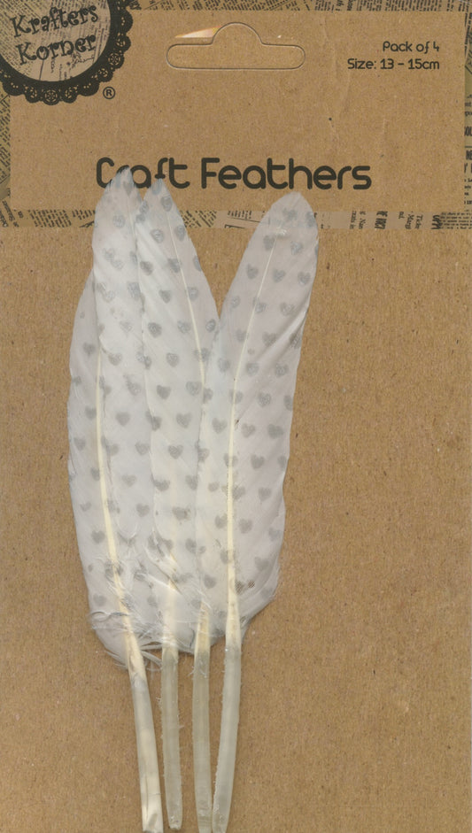 Craft Feathers - White with Silver Hearts - 4 pack