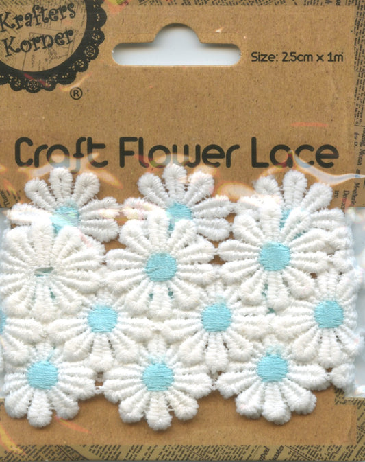 Flower Lace White with Blue Centre - 25cm x 1m