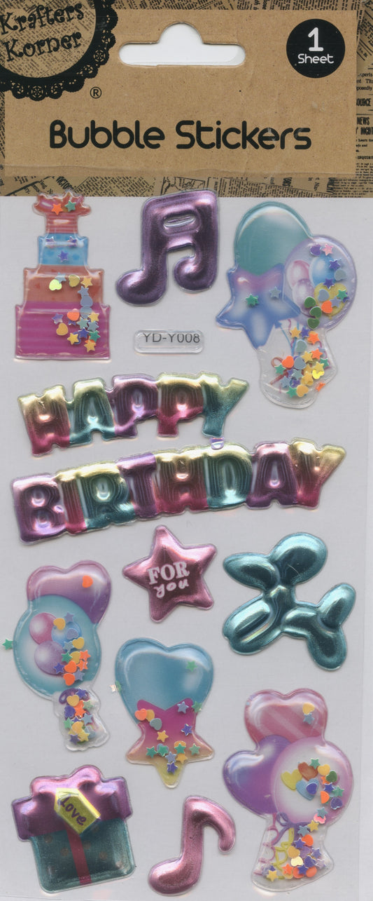 3D Bubble Stickers - Birthday Party Theme - 1 Sheet - 12 pk