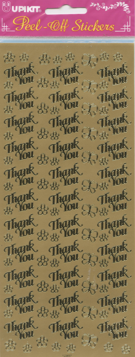 Thank You Wording with Flowers & Butterflies -Stickers -Gold -1 Sheet