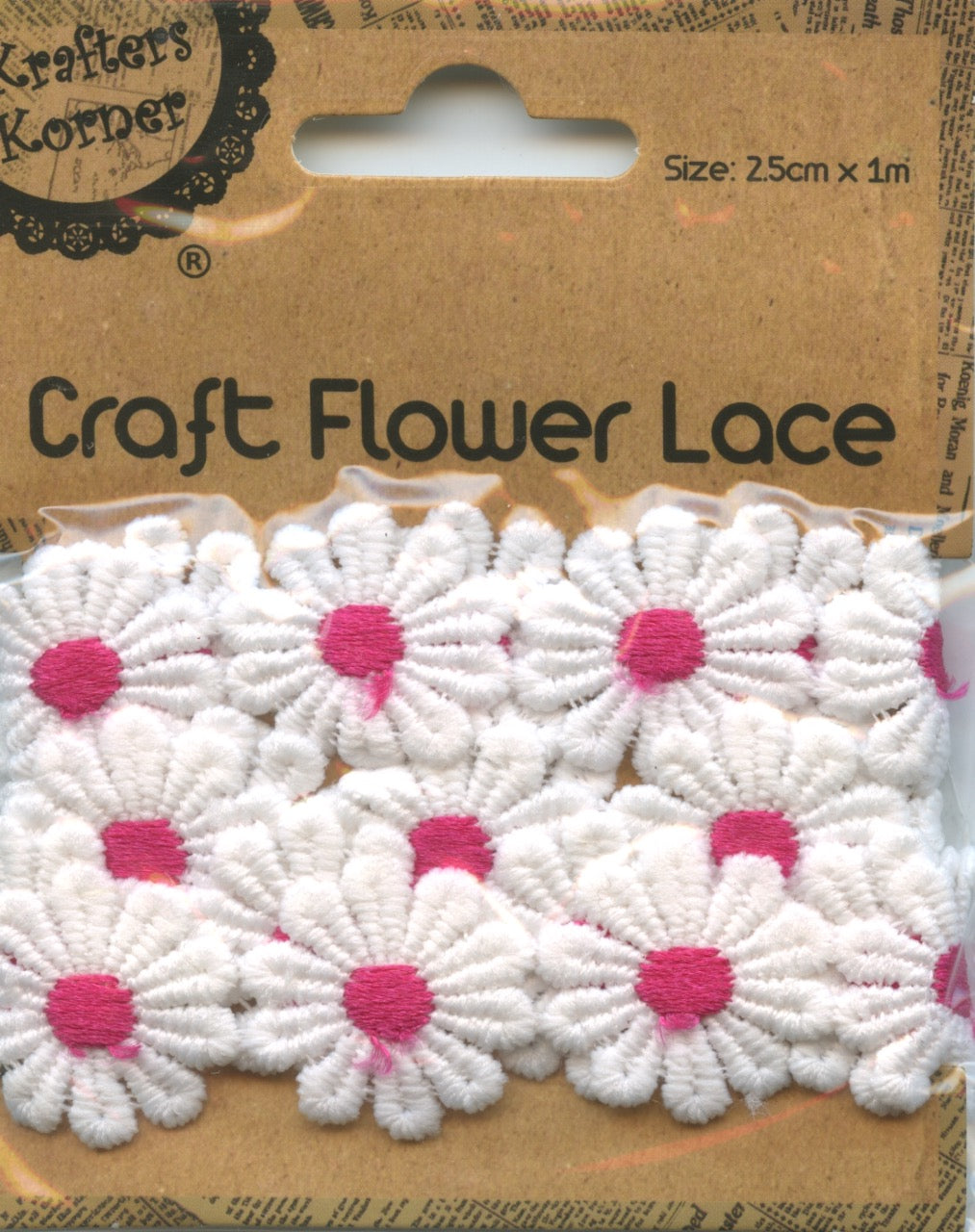 Flower Lace White with Hot Pink Centre - 25cm x 1m