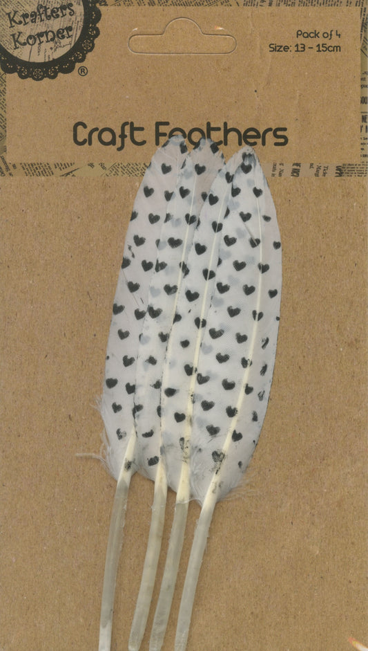 Craft Feathers - White with Black Hearts - 4 pack