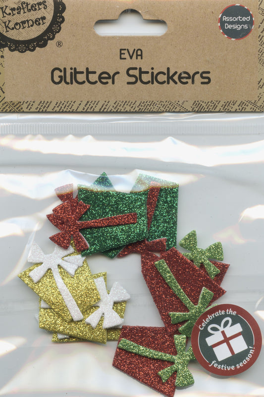 EVA Glitter Stickers - Gifts - Gold/Red/Green - 9 pk