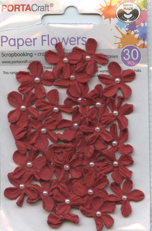 Porta Craft Paper Flowers - 20mm - 30pc - Dark Red - Pearl Centre