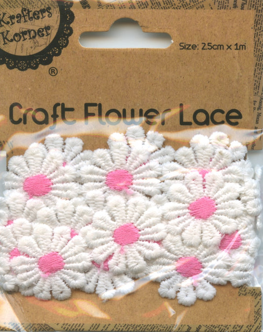 Flower Lace White with Pink Centre - 25cm x 1m