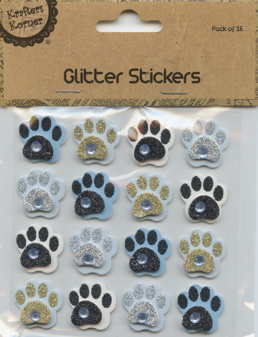 3D Glitter Stickers - Paws - Blue Tones & White - 1 sheet - 16pk