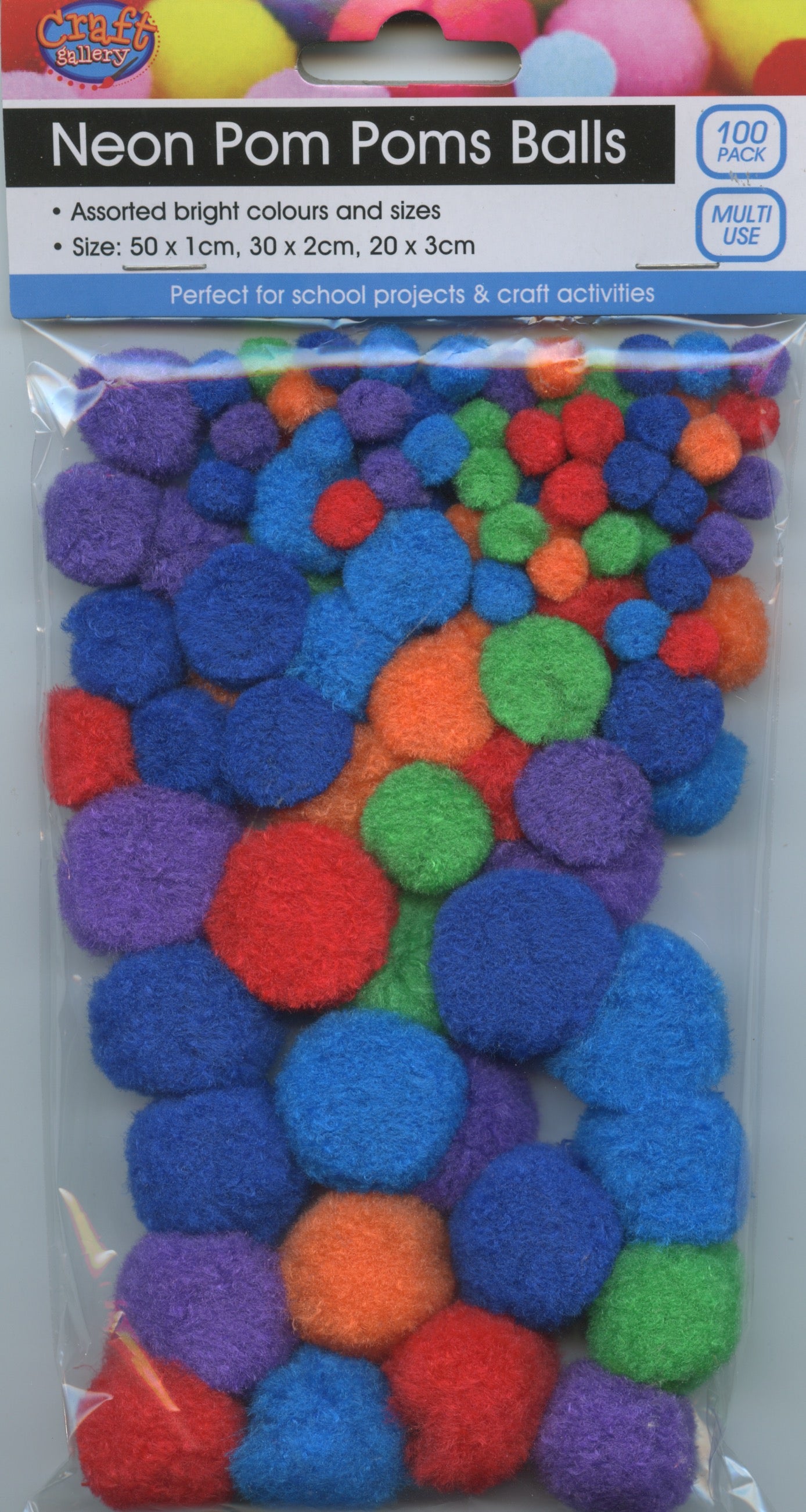 Neon Pom Pom Balls - Assorted sizes - 100pk