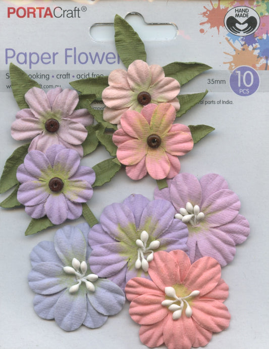 Porta Craft Paper Flowers & Leaves - Purple/Mauve/Pinks/Blue - 30/40mm - 8pc