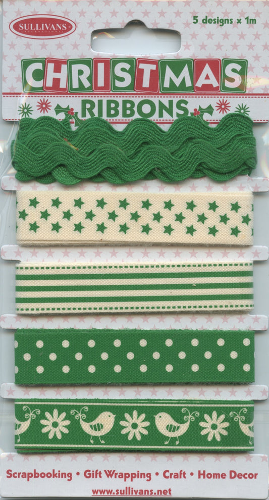 Christmas Ribbons - 5 Designs - 1m each - Green/Ivory