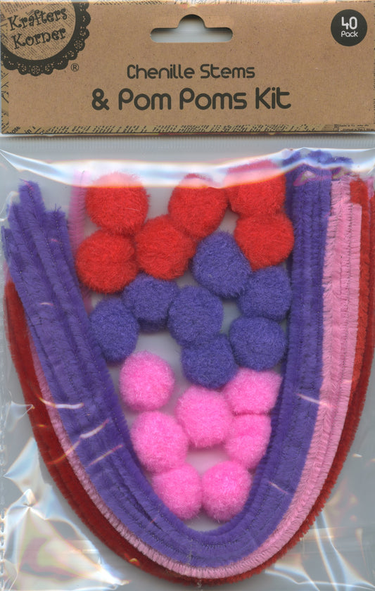 Chenille Stems & Pom Poms Kit- Purple/Pink/Red - Pack of 40