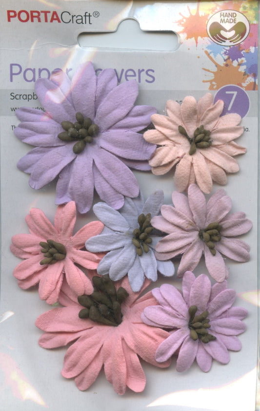Porta Craft Paper Flowers -Purple/Mauve/Pinks/Blue -Approx 33 & 47mm -7pc