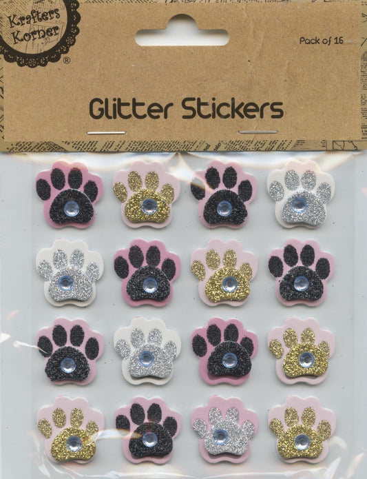 3D Glitter Stickers - Paws - Pink Tones & White - 1 sheet - 16pk