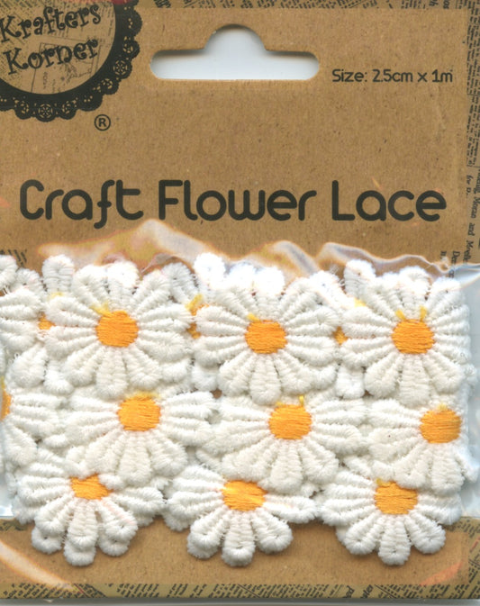 Flower Lace White with Golden Yellow Centre - 25cm x 1m