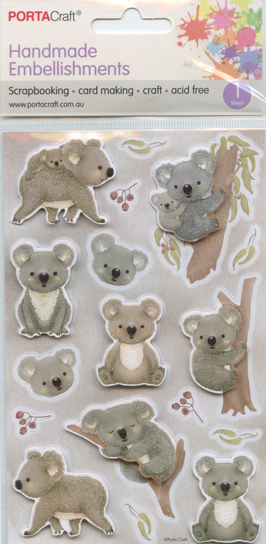 Porta Craft Handmade Embellishments Koalas/Gumnuts & Leaves 17pc