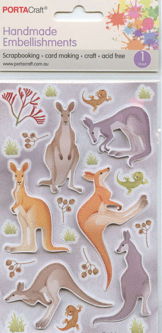 Porta Craft Handmade Embellishments - Kangaroos/Native Flowers/ Gecko - 23pc