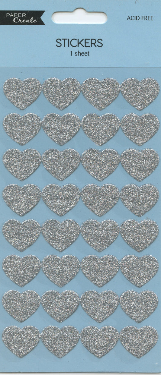 Silver Glitter Love hearts - 1 sheet - 32pk