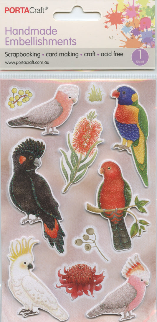 Porta Craft Handmade Embellishments - Parrots & Native Flowers -  11pc