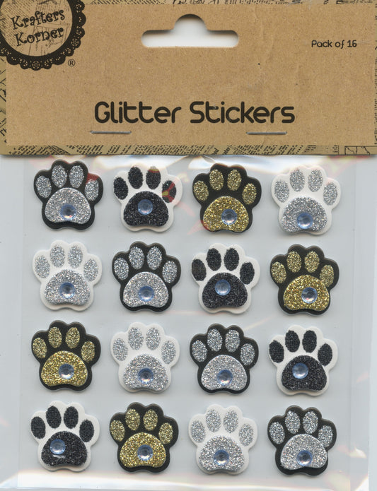 3D Glitter Stickers - Paws - White/Silver/Black/Gold - 1 sheet - 16pk
