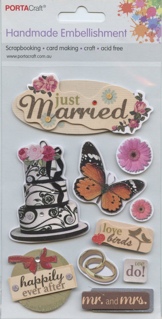 Porta Craft - Just Married - Wedding Embellishments - 10pc