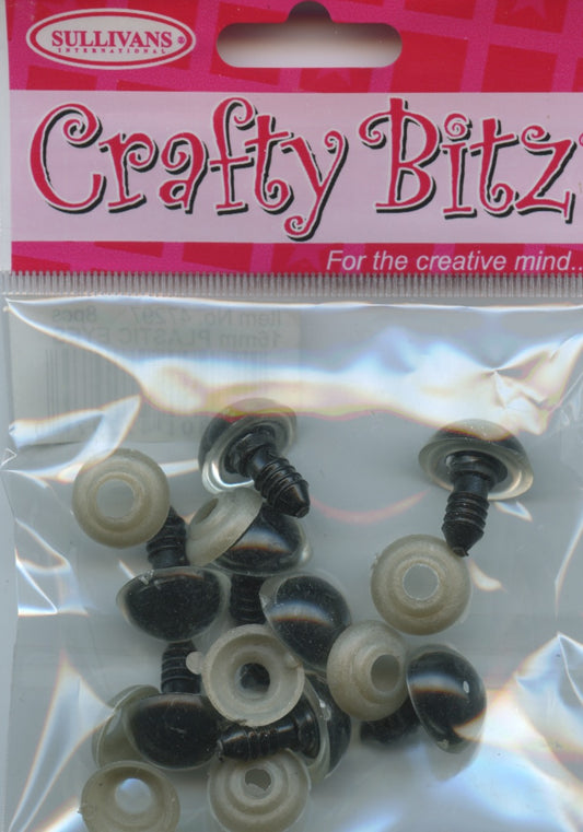 Plastic Eyes (Teddy Eyes) Black with Clear edge - 16mm - 8 pk - 4 eyes (2 pr)