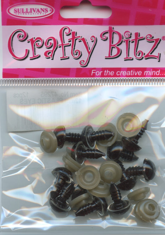 Plastic Eyes (Teddy Eyes) Black with Clear edge - 12mm - 24pc - 12 eyes (6 pr)