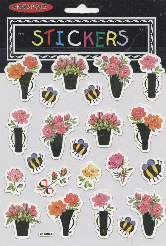 Stickers - Flowers in Pots and Bees - 1 Sheet - 23 pcs
