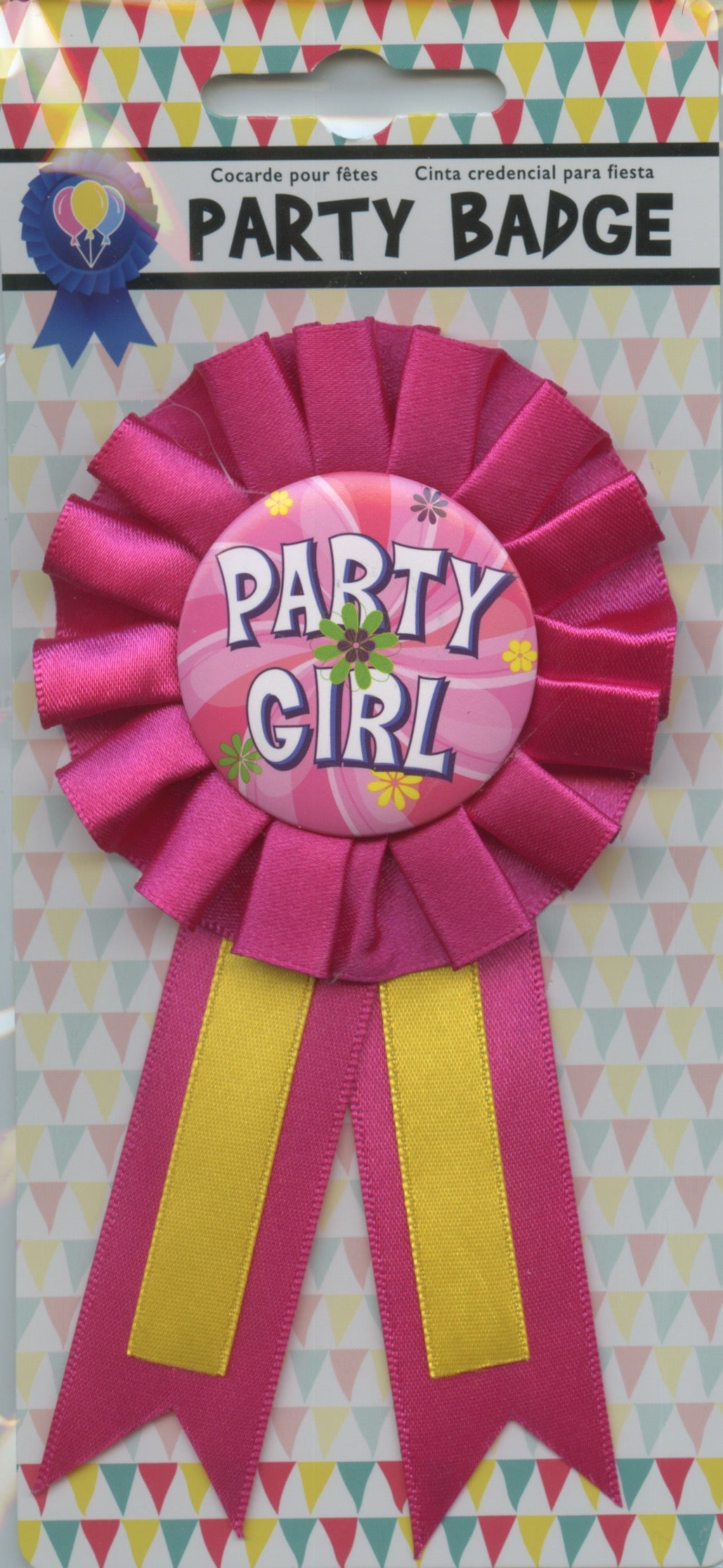 Birthday Badge with Pin - Party Girl with Bright Pink Sash - 80mm Diameter