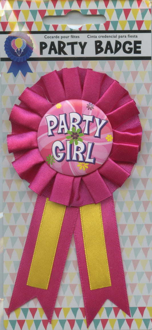 Birthday Badge with Pin - Party Girl with Bright Pink Sash - 80mm Diameter