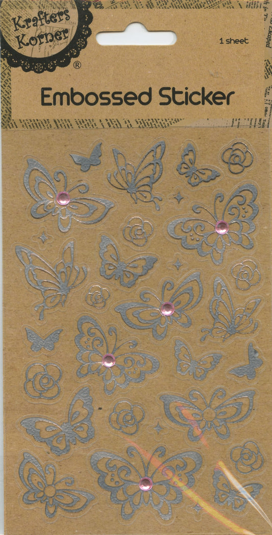 Embossed Sticker - Silver Butterflies and Flowers - 30 pc
