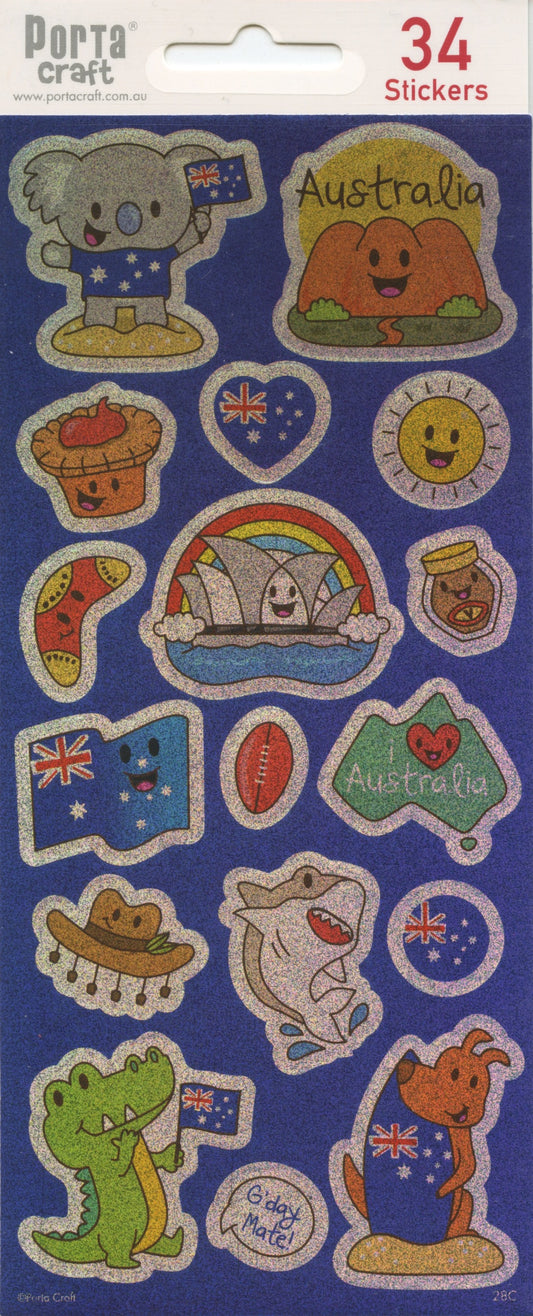Aussie Theme Shimmer Stickers - 34 pack