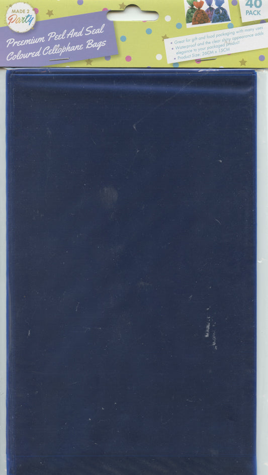 Cellophane Bags - Blue - Peel and Seal 26x15cm - Pk 40