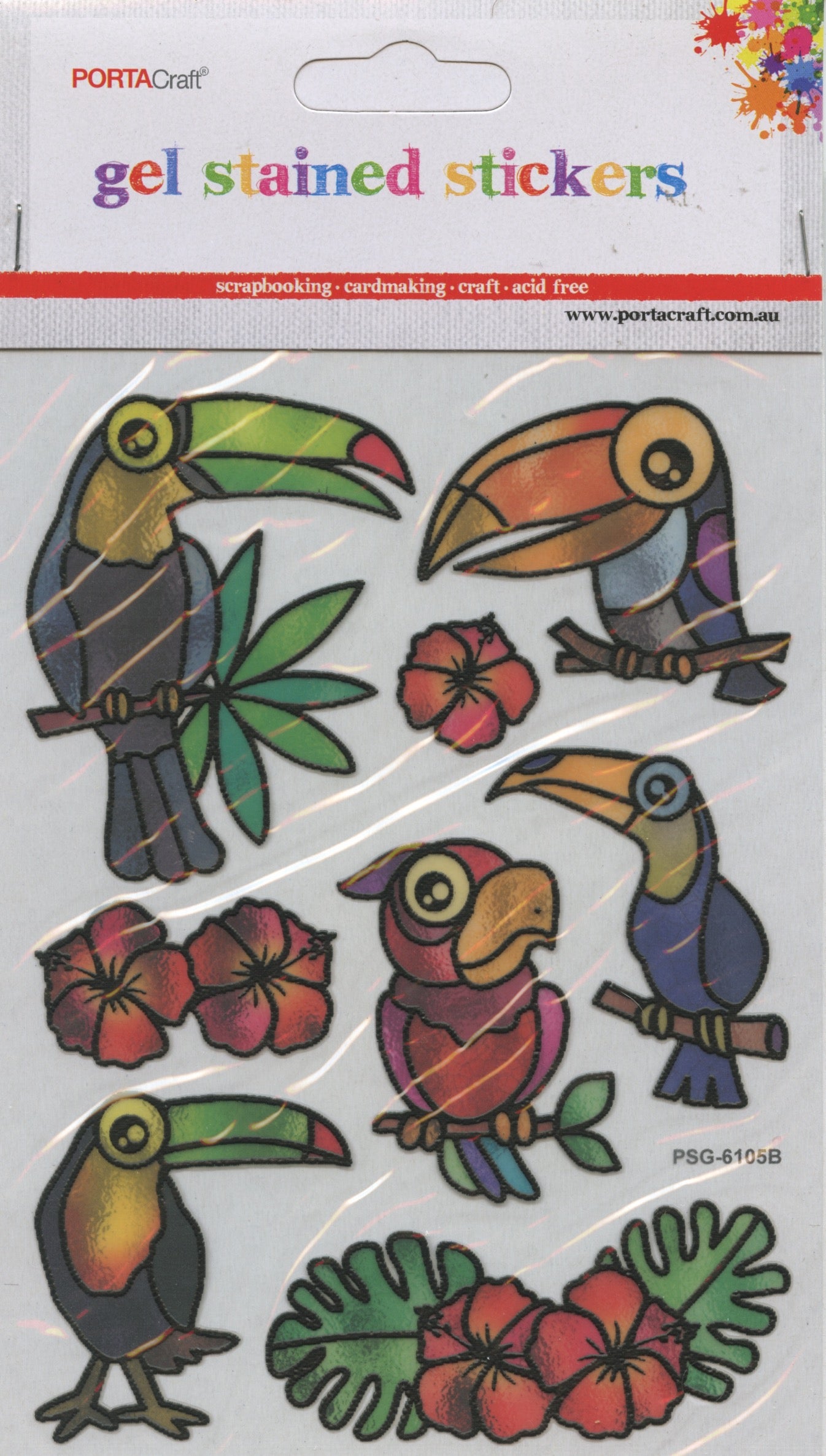 Gel Stained Stickers - Toucans and Flowers - 8 pk