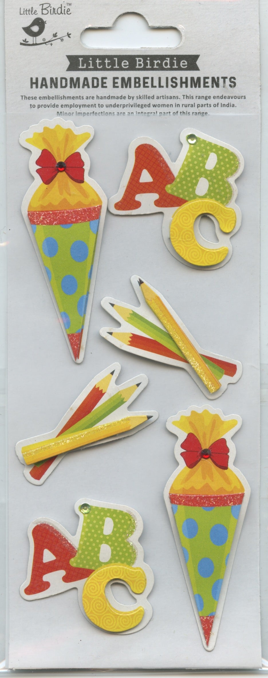 Little Birdie Handmade Embellishments Self Adhesive - Back To School 6 pc