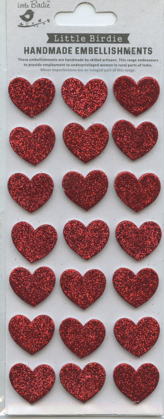 Little Birdie Handmade Embellishments - Ruby Glitter Hearts 21pk