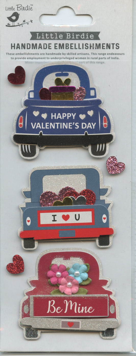 Little Birdie Handmade Embellishments - Valentine Tons of Love Cars 3pk