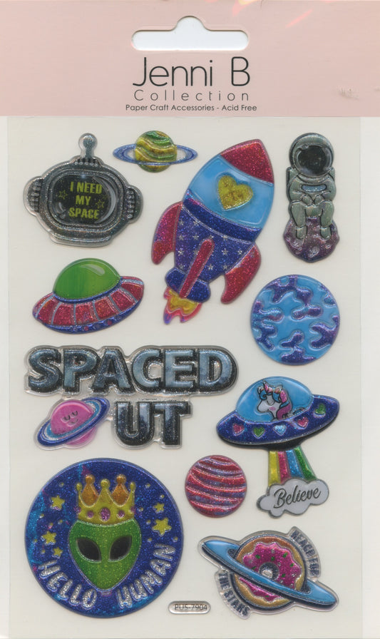 Jenni B Collection - Spaced Out Theme Self Adhesive Stickers - 11 pc