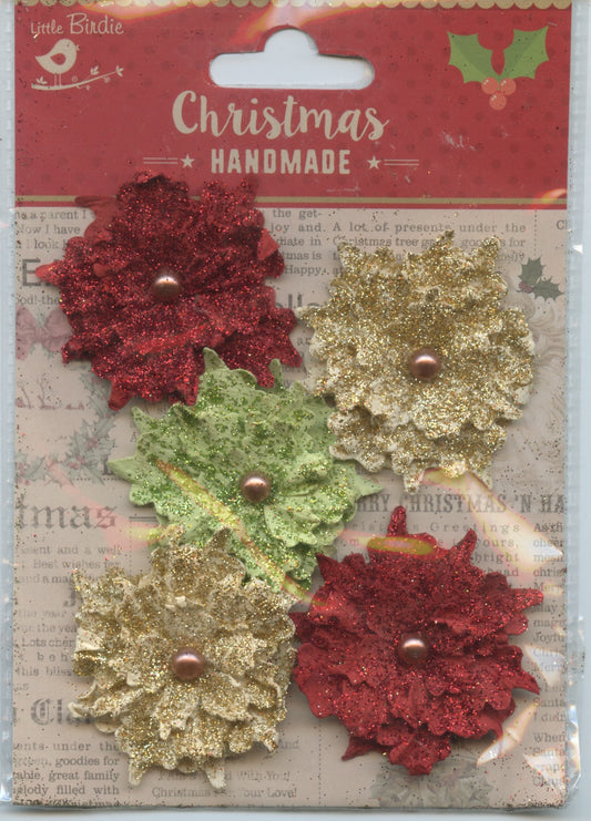 Little Birdie Handmade Embellishments 3D Flowers Riva Holiday Elements 5pc