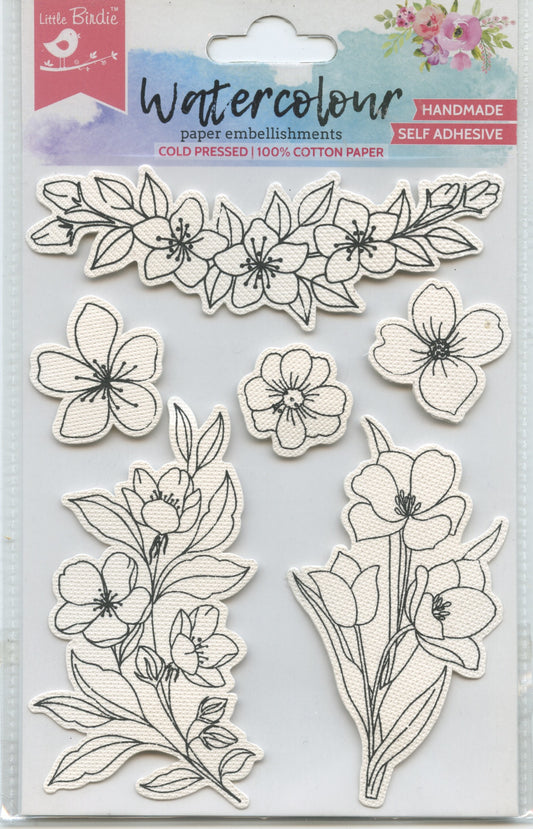Little Birdie Handmade Embellishments - Abloom Flowers Watercolour 6pk