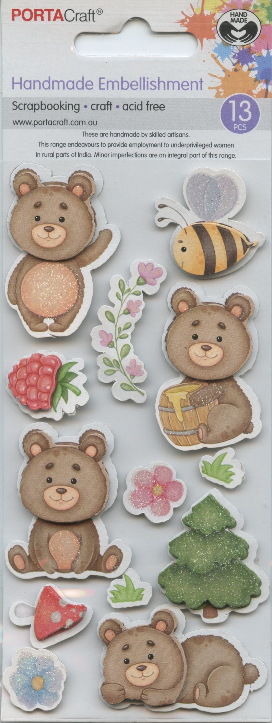 Porta Craft Handmade Embellishments - Teddy Bear/Bee/Plants - 13pc