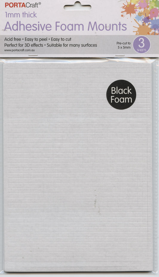 Adhesive Black Foam Mounts 1mm - 3 sheets - 5x5mm
