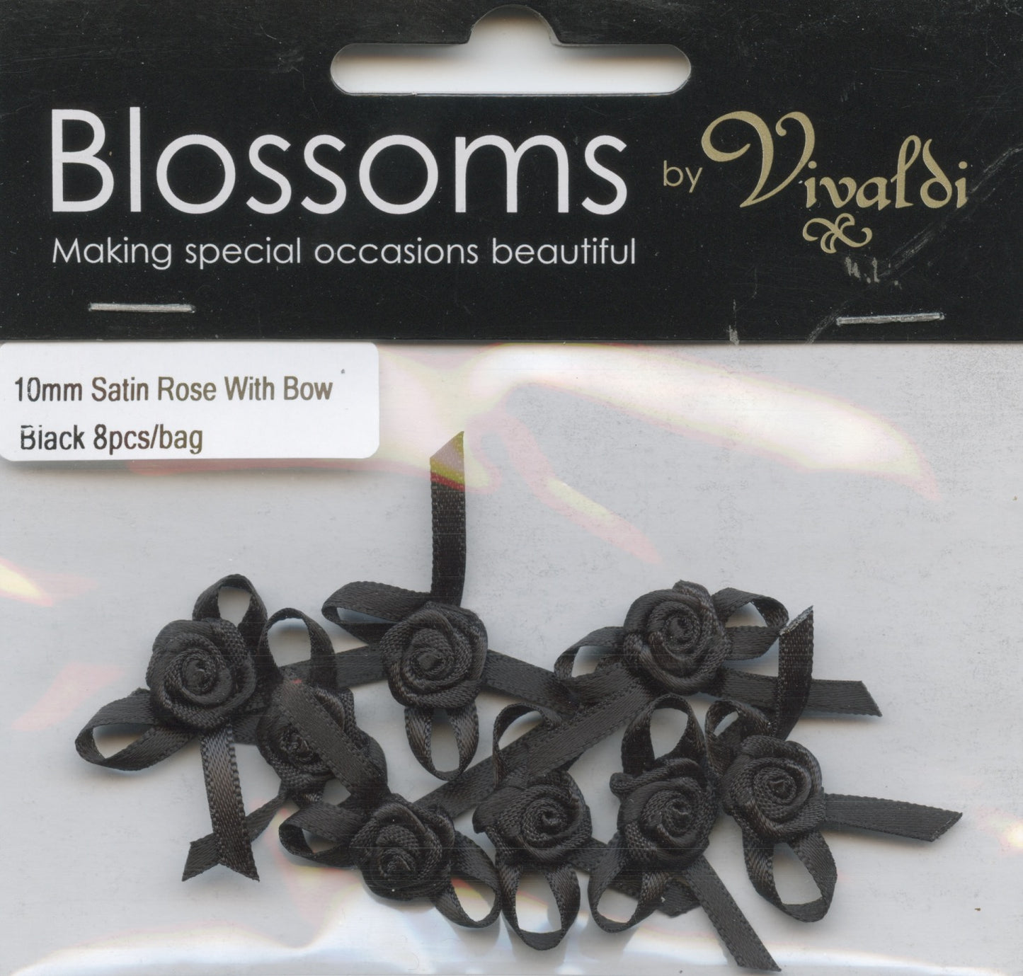 Satin Bow with Rose 10mm - Black - 8 pack