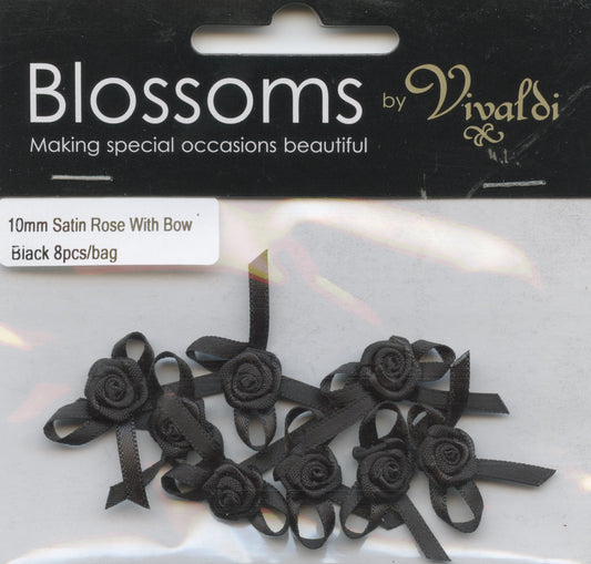 Satin Bow with Rose 10mm - Black - 8 pack