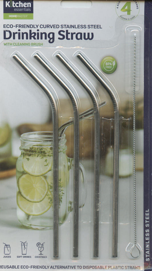 Eco-Friendly Drinking Straws - Curved Stainless Steel - Pack of 4