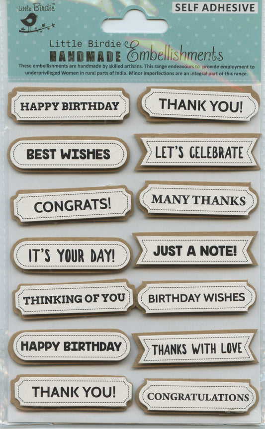 Little Birdie Handmade Embellishments Self/Adh - Wishes Words - 14 pc