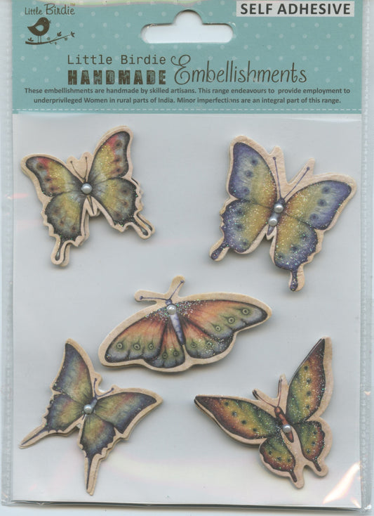 Little Birdie Handmade Embellishments - Enchanting Butterflies 5pk